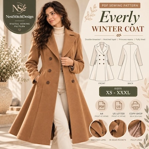 May include: A PDF sewing pattern for the Everly Winter Coat, featuring a double-breasted design with a notched lapel, princess seams, and fully lined construction. Includes sizes XS to XXXL, with options for A4, US Letter, and 36-inch copy shop printing.