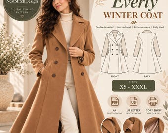 Könnte beinhalten: Ein PDF-Schnittmuster für den Everly Wintermantel mit zweireihigem Design, fallendem Revers, Wiener Nähten und komplettem Innenfutter. Erhältlich in den Größen XS bis XXXL, mit Druckoptionen für A4, US Letter und 91,4 cm Copy-Shop-Format.
