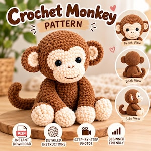 Virkad apa-mönster PDF | Amigurumi-plyschhandledning (digital nedladdning)
