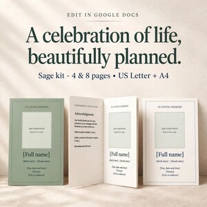 Può includere: Un kit di modelli per programmi funebri in verde salvia e bianco. Il testo recita: EDIT IN GOOGLE DOCS, A celebration of life, beautifully planned. Sage kit - 4 & 8 pages - US Letter + A4. Include segnaposto per foto, nomi e date.