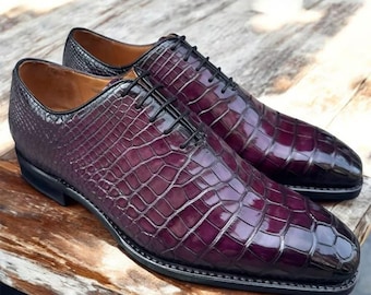 Zapatos Oxford de piel de cocodrilo pura, hechos a mano, con acabado patinado, para hombre.