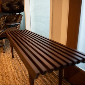 36-60 Maple-Stained Walnut Slatted Bench or Coffee Table – Mid Century Modern – Custom Sizes – Solid Wood