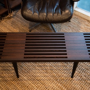 Solid Wenge 36"-60" slat table or bench with maple legs. MCM statement piece for coffee table or entryway impact. Sturdy and unique