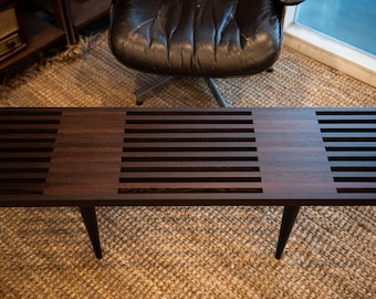 Solid Wenge 36"-60" slat table or bench with maple legs. MCM statement piece for coffee table or entryway impact. Sturdy and unique
