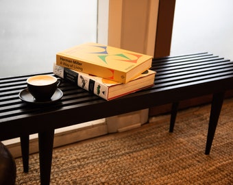 36"-60" Oak Slat Bench/Coffee Table, Semi Gloss Black. Entry Bench, End of Bed Bench. Mid Century Modern Statement Piece