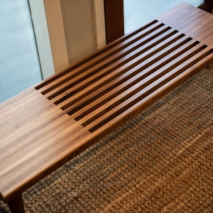 36-60 Walnut Entryway Bench or Coffee Table – Off Centered Slat – Mid Century Modern – Metal Leg Caps – Custom Solid Wood