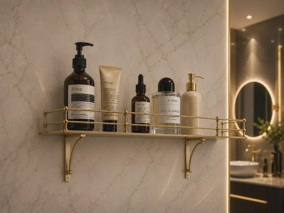 Solid Brass Bathroom Shelf with Towel Bar | Luxury Wall Mounted Organizer