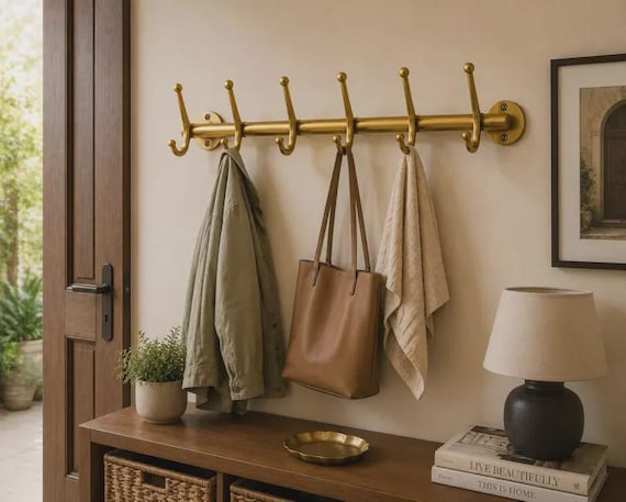 Luxury Brass Wall Coat Rack | Gold Entryway Organizer, Multiple Hooks