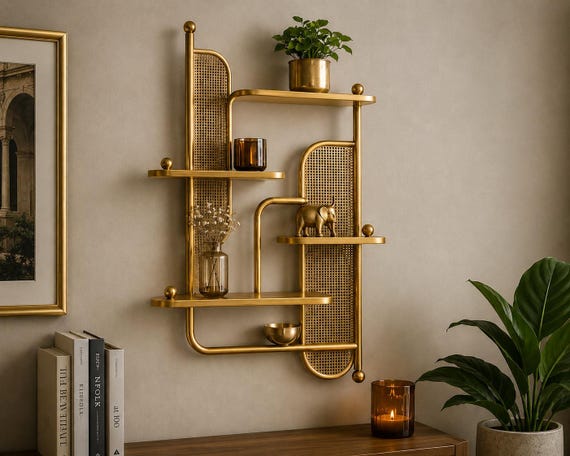 Luxury Brass Wall Shelf | Modern Rattan Accent Display Shelf | Elegant Living Room Decor