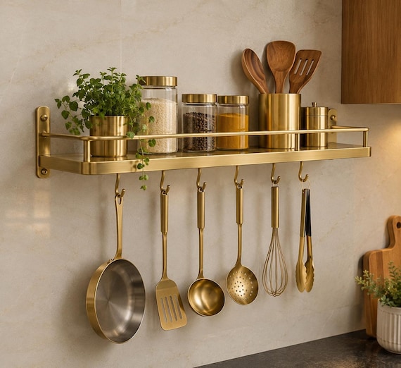 Luxury Brass Kitchen Wall Shelf with Hanging Utensil Rack – Elegant Spice & Cookware Organizer