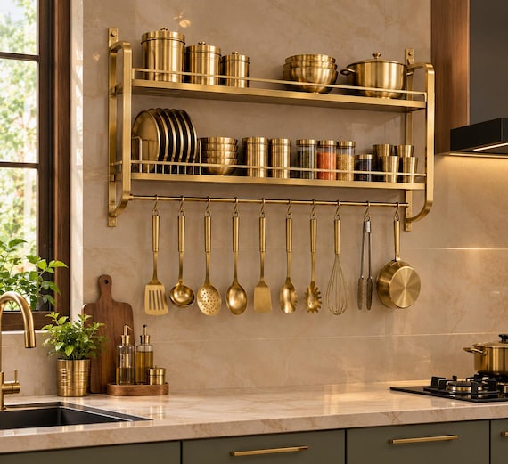 Brass Kitchen Shelf with Hanging Utensil Rack, Wall Mounted Kitchen Organizer, Metal Pot and Pan Storage Shelf, Indian Kitchen Deco