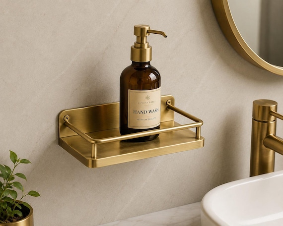 Handcrafted Brass Wall Shelf | Minimalist Bathroom & Kitchen Organizer | Brass Floating Shelf with Guard Rail | Luxury Home Decor