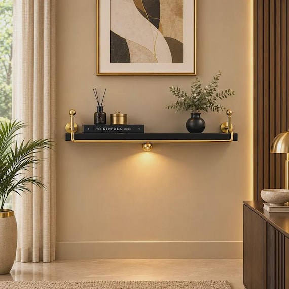 Modern Black Wooden Floating Shelf with Brass Accent & Built-in LED Light | Solid Wood Wall Mounted Entryway Shelf | Luxury Display Ledge