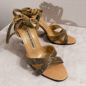 Vintage Manolo Blahnik Python Leather Ankle-Tie Sandals, Snake Print Strappy Heels, Crystal Strap Detail
