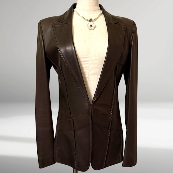 Yves Saint Laurent Rive Gauche, Yves Saint Laurent Rive Gauche Lambskin Blazer | Chocolate Brown Whipstitch Jacket (FR 36)