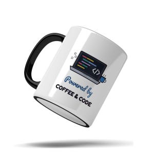 Kubek „Powered by Coffee and Code”, prezent dla programisty, ceramiczny kubek o pojemności 11 uncji z kolorowym uchwytem