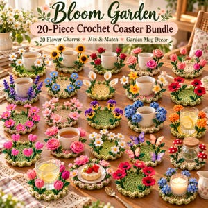 May include: A 20-piece crochet coaster bundle titled Bloom Garden, featuring various circular coasters decorated with colorful crocheted flowers, butterflies, and mushrooms, some holding mugs, glasses, or small food items on a wooden surface.