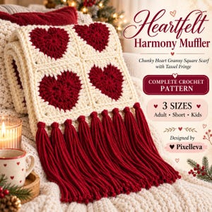 May include: A crochet scarf featuring a pattern of dark red hearts on a cream background, finished with long dark red tassel fringe. The text reads Heartfelt Harmony Muffler, Chunky Heart Granny Square Scarf with Tassel Fringe, COMPLETE CROCHET PATTERN, 3 SIZES Adult Short Kids, Designed by Pixelleva.