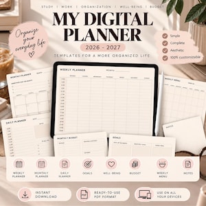 May include: A digital planner set for 2026-2027 featuring templates for weekly, monthly, and daily planning, budget tracking, goals, and menus. The display shows a weekly schedule on a tablet with a stylus, accompanied by various printable page layouts.