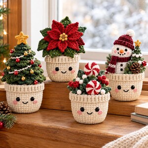 Paquete de patrones de crochet navideños en PDF, macetas de amigurumi, flor de Pascua, muñeco de nieve, abeto, menta, maceta con carita adorable para decoración navideña