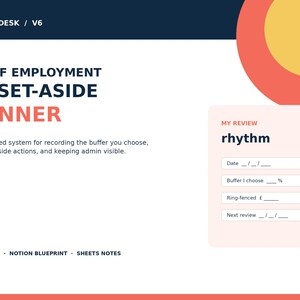 May include: A digital planner titled UK SELF EMPLOYMENT TAX SET-ASIDE PLANNER with a dark blue header and a light pink box containing the text MY REVIEW, rhythm, and fields for date, buffer percentage, ring-fenced pounds, and next review date.