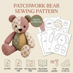 Patrón de costura en PDF para osito de peluche conmemorativo, osito de recuerdo hecho con ropa, osito de peluche de patchwork, apto para principiantes, tamaños A4 y Carta estadounidense.