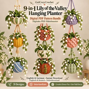9-in-1 haakpatroon voor lelietjes van de vallei | PDF-bundel voor hangende plantenbakken | bloemenmand als wanddecoratie | handleiding voor botanisch haken | DIY-cadeau (EN/DE)