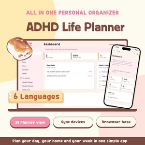 May include: An ADHD Life Planner digital organiser displayed on a laptop screen and a smartphone. The interface features a dashboard with task lists, habit trackers, and navigation menus. Text includes All In One Personal Organizer, 6 Languages, 35 Planner view, Sync devices, Browser base, and MochiTap.
