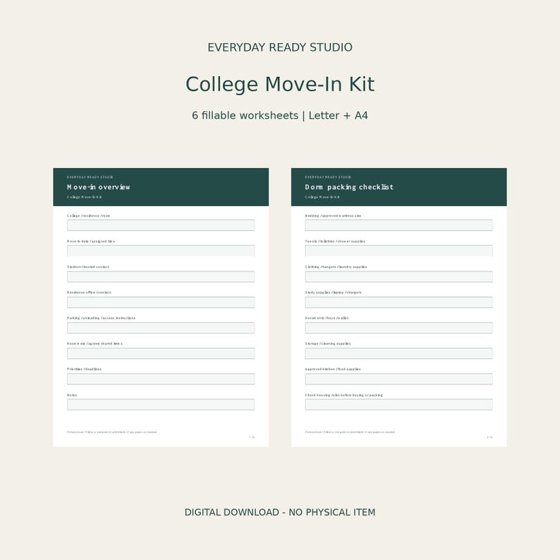 College Move-in Kit: Fillable PDF, Printable Organizer, Letter and A4 ...