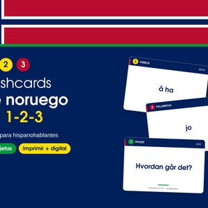 Może przedstawiać: Zestaw fiszek edukacyjnych do nauki języka norweskiego, zawierający białe karty z tekstem 'å ha', 'jo' oraz 'Hvordan går det?'. Projekt zawiera flagę Norwegii, napis 'Flashcards de noruego en 1-2-3' oraz informację o 64 kartach.