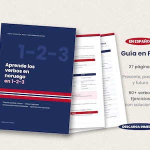 Może przedstawiać: Cyfrowy przewodnik PDF do nauki norweskich czasowników, z ciemnoniebieską okładką z tekstem 1-2-3 Aprende los verbos en noruego en 1-2-3, czerwono-biało-niebieskim paskiem oraz stronami wewnętrznymi z tabelami odmiany czasowników i ćwiczeniami.