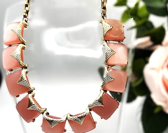 Vintage Signed Coro Lustrous Pink Lucite Moonglow Thermoset Plastic Gold Tone Metal 16" Statement Necklace Mid Century