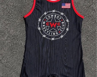 Custom CWC Wrestling Club Sublimation Singlet – Black Woodgrain Design with Blue Accents, Red Trim & USA Eagle Graphics