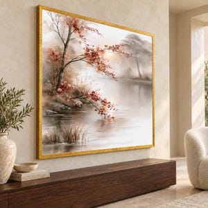 Autumn Landscape Canvas Print, Serene Water Scene with Maple Leaves, Nature Wall Art for Tranquil Home Décor, autumn wall art