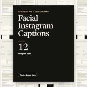 May include: A black digital document cover with beige text reading FOR MED SPAS + ESTHETICIANS, Facial Instagram Captions, 12 Instagram posts, and Word / Google Docs. The background features a grid of blurred document pages with similar layouts.