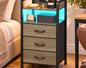 Rustic Brown Nightstand with Charging Station, LED Lights, 3 Fabric Drawers, Industrial Bedside Table, Wooden Storage Cabinet for Bedroom