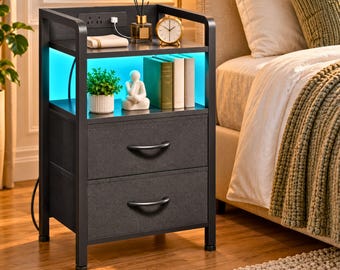 Pink Bedside Table with RGB LED Lights, USB Charging Station, 2 Fabric Drawers, Modern Nightstand, Bedroom Storage Organizer