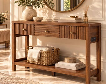 47 Inch Fluted Console Table with Charging Station, Walnut Entryway Sofa Table with 3 Drawers, Mid Century Hallway Accent Table with Shelf