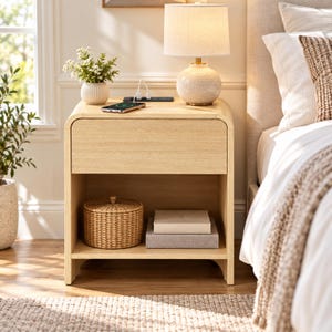 May include: A light wood nightstand with a single drawer and an open bottom shelf. The top surface features a built-in power strip with USB ports, a smartphone, and a table lamp with a textured white base and a white fabric drum shade.