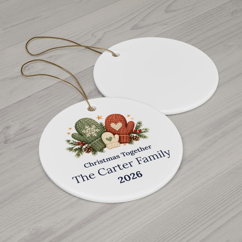 Personalized Ceramic Christmas Ornament, Family Name, Mittens, Pine, 2026 Keepsake image 8