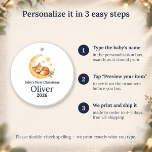 Personalized Baby's First Christmas Ornament 2026, Ceramic Moon Fox Keepsake image 4