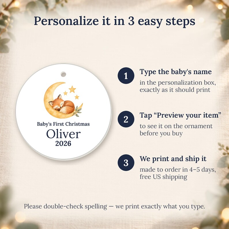 Personalized Baby's First Christmas Ornament 2026, Ceramic Moon Fox Keepsake image 4