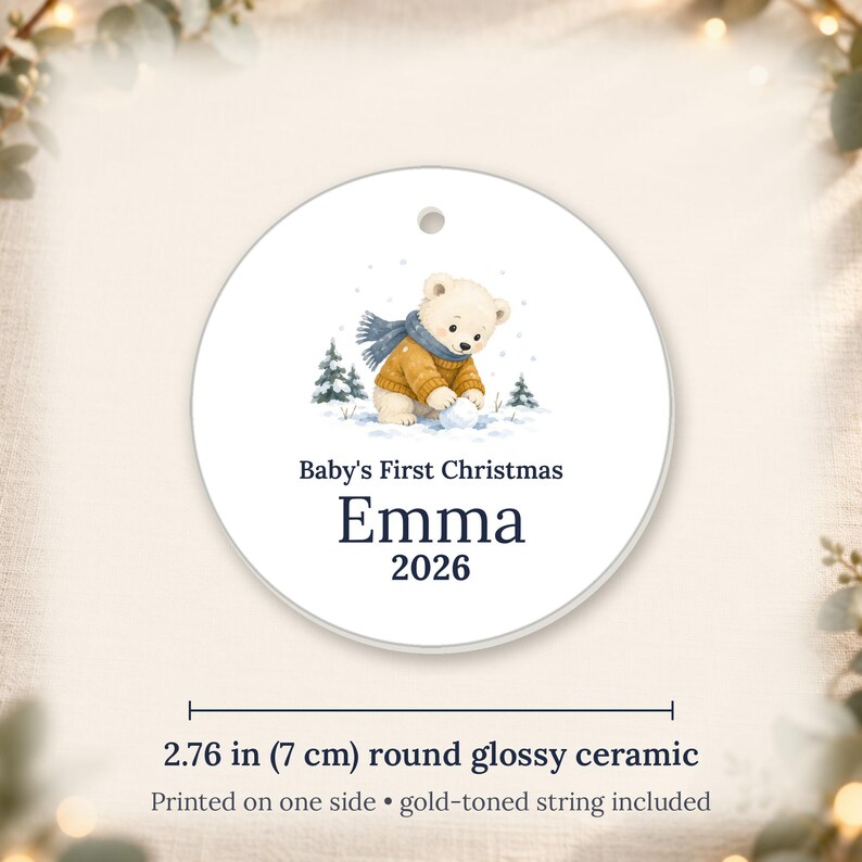 Personalized Baby's First Christmas Ornament 2026, Ceramic Bear Keepsake (Name) image 6