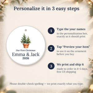 Personalized Ceramic Ornament, Our First Christmas 2026, Couple Names, Newlywed Gift image 4