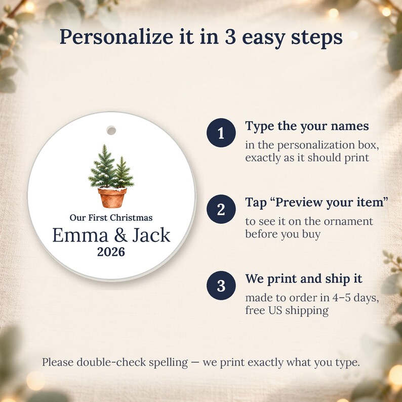 Personalized Ceramic Ornament, Our First Christmas 2026, Couple Names, Newlywed Gift image 4
