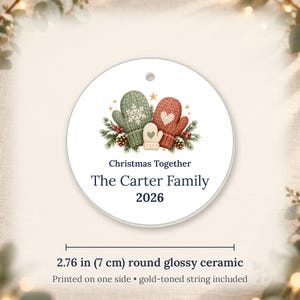 Personalized Ceramic Christmas Ornament, Family Name, Mittens, Pine, 2026 Keepsake image 6