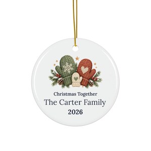 Personalized Ceramic Christmas Ornament, Family Name, Mittens, Pine, 2026 Keepsake image 2