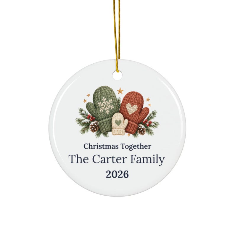Personalized Ceramic Christmas Ornament, Family Name, Mittens, Pine, 2026 Keepsake image 2