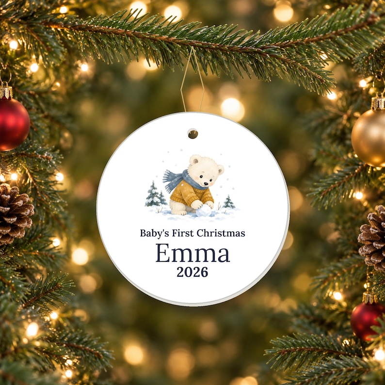 Personalized Baby's First Christmas Ornament 2026, Ceramic Bear Keepsake (Name) image 1