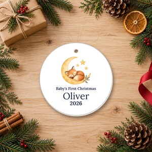 Personalized Baby's First Christmas Ornament 2026, Ceramic Moon Fox Keepsake image 3